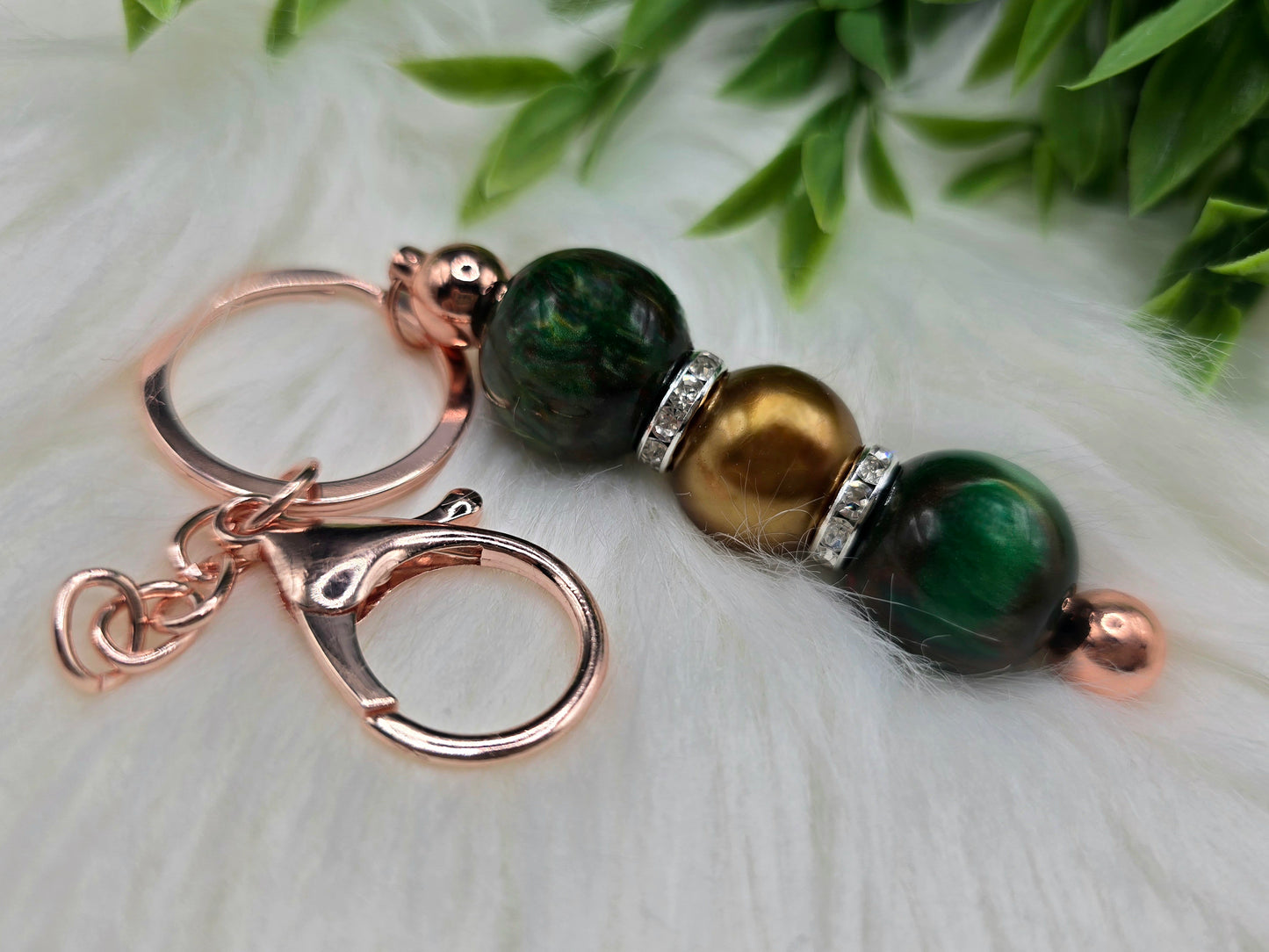 Gold/Green Beaded keychain